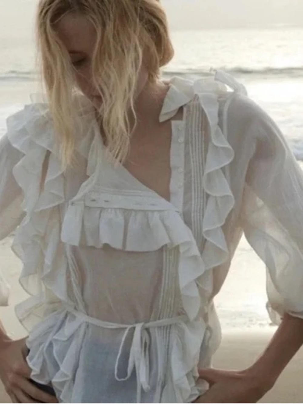 Ruffled Tie-Waist Women's Blouse - Salt - Picture 3 of 4